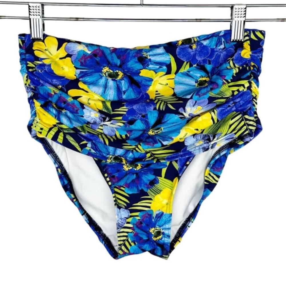 Lands' End Blue Tropical Floral High Rise Shirred Waist Swim Bikini Bottoms Sz 2